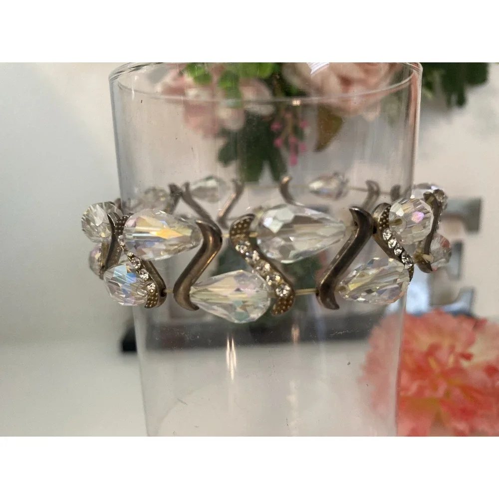 Vintage Silvertone‎ Faceted Beaded Sparkly Rhinestones Stretch Bracelet Sparkle